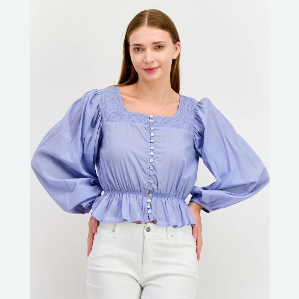 En Saison - Women Square Neck Puff Sleeve Shirred Blouse, Blue